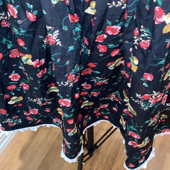 Vintage High Waist A-Line Midi Skirt w/ Floral & Hat All Over Print & Lace Sz Sm - Picture 3 of 7